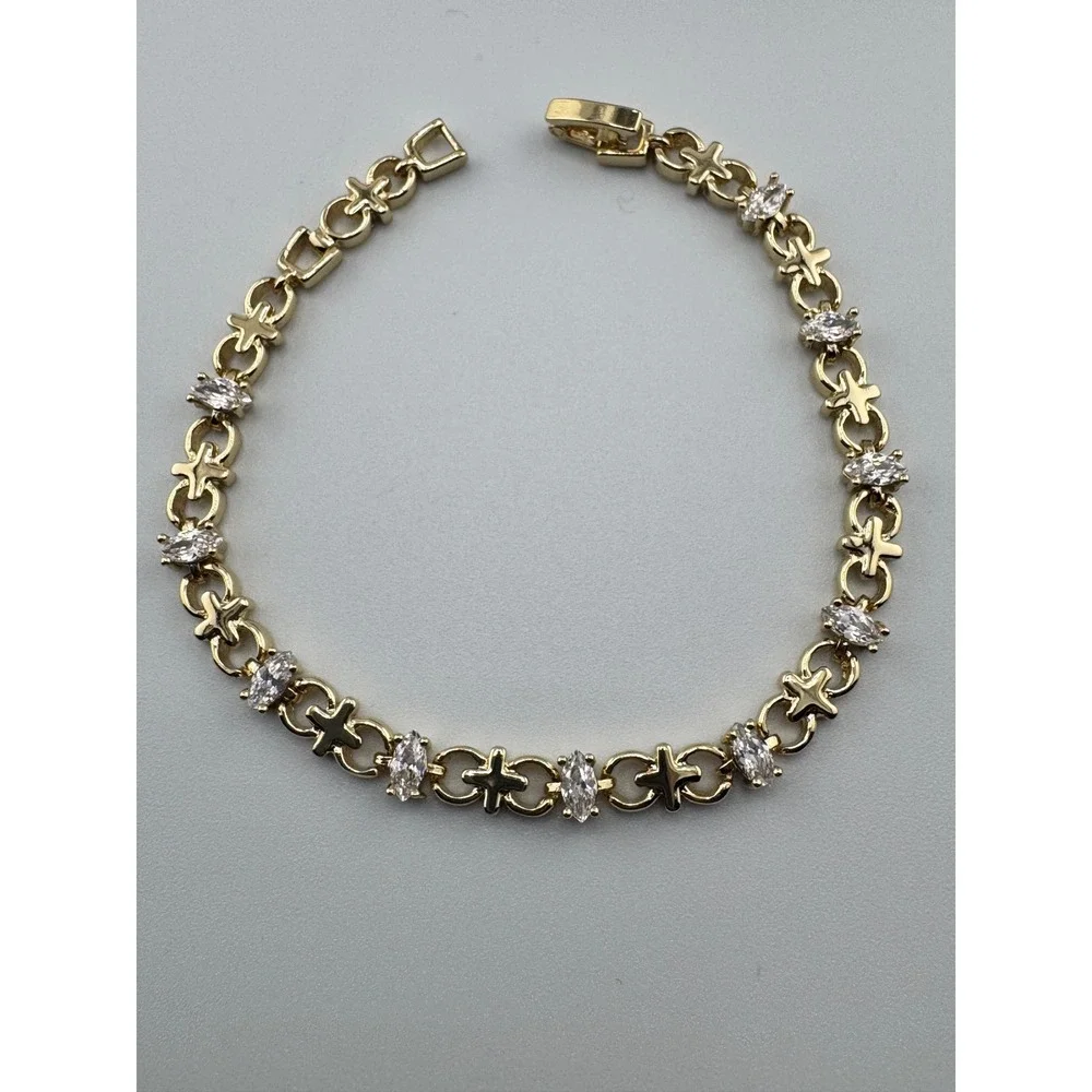 14k Gold Plated Marquise Cubic Zirconia Cross Link Tennis‎ Bracelet Gold Tone